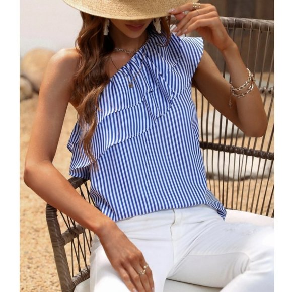 Vertical Striped Ruffle Trim One Shoulder Blouse NWT - Size Medium - Picture 3 of 6
